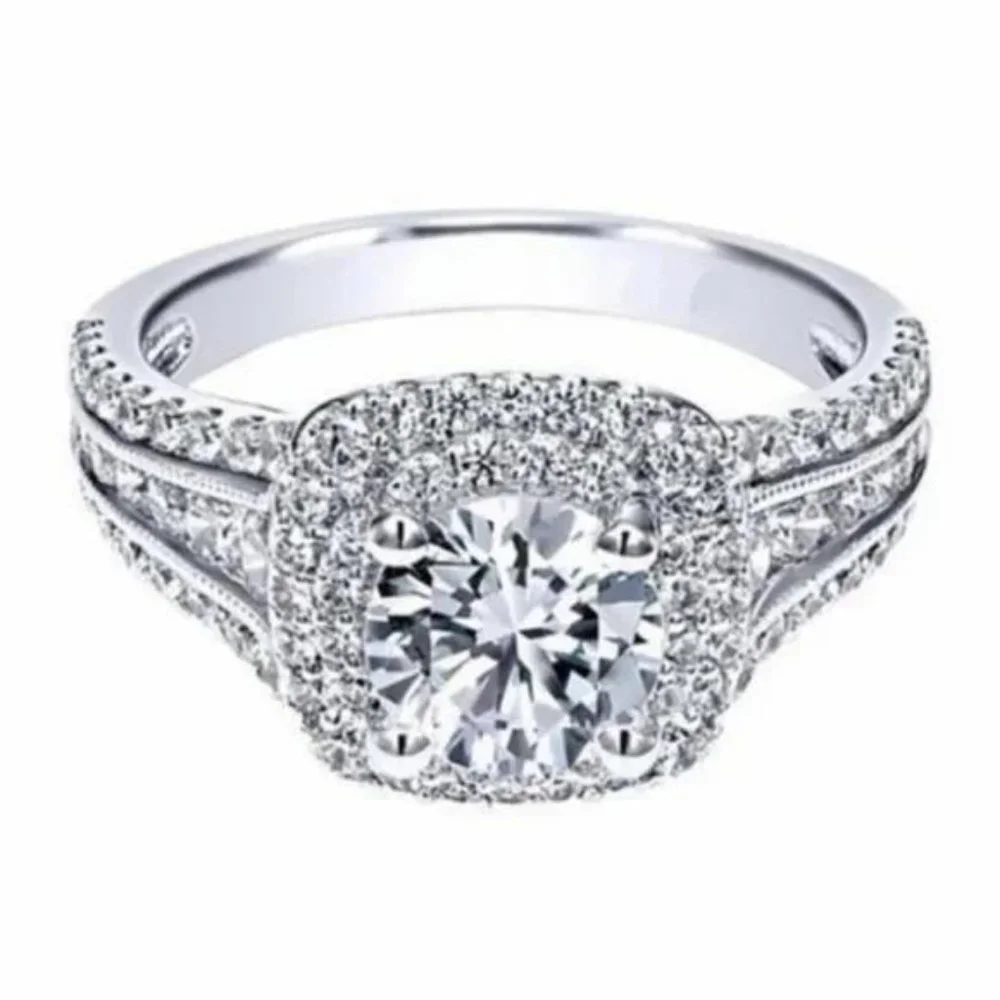 Brand NEW 18k White Gold Plated Diamond Halo Wedding Ring - Picture 4 of 6